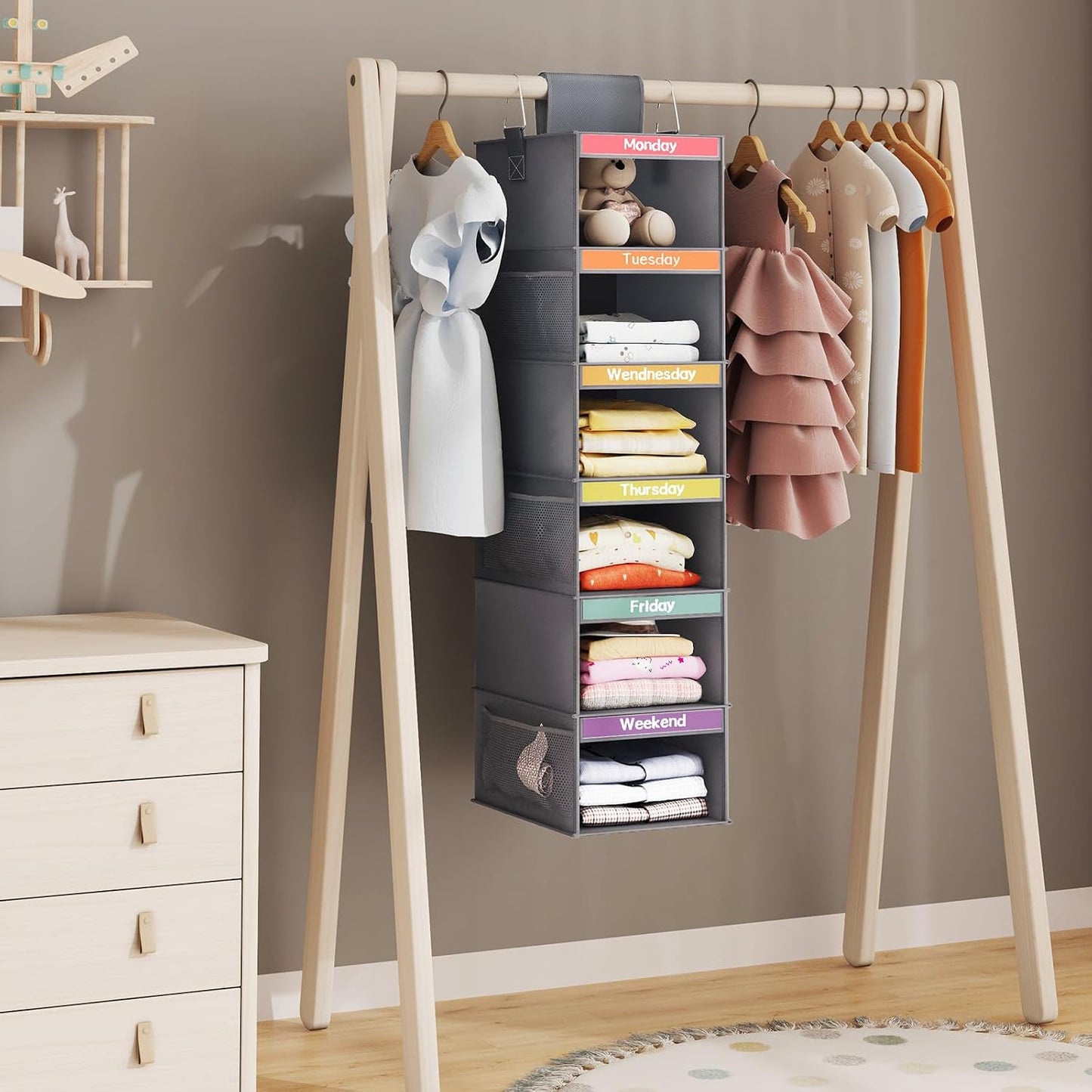 Fixwal 2 Pack 6-Shelf Weekly Hanging Closet Organizer for Kids, Kids Daily Clothes Organizers with 6 Side Pockets, Days of The Week Hanging Storage Shelves (White)