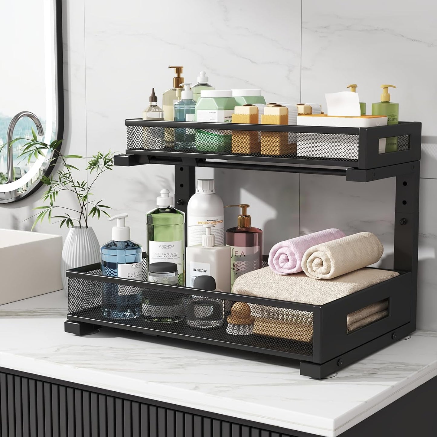 2-Pack Under Sink Storage Organizer, Large 2-Tier Elegant Mesh Pull Out Shelf for Kitchen and Bathroom Cabinet Organization, L-Shaped and Adjustable Height Design,Patent Pending-Black