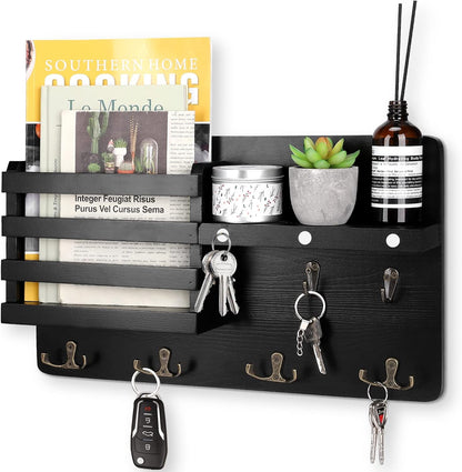 Decorative Key Hanging Rack with 10 Hooks – Easy Install Natural Wooden Key and Mail Holder for Wall Mount – Entryway Decor Rack with Shelf (Black)