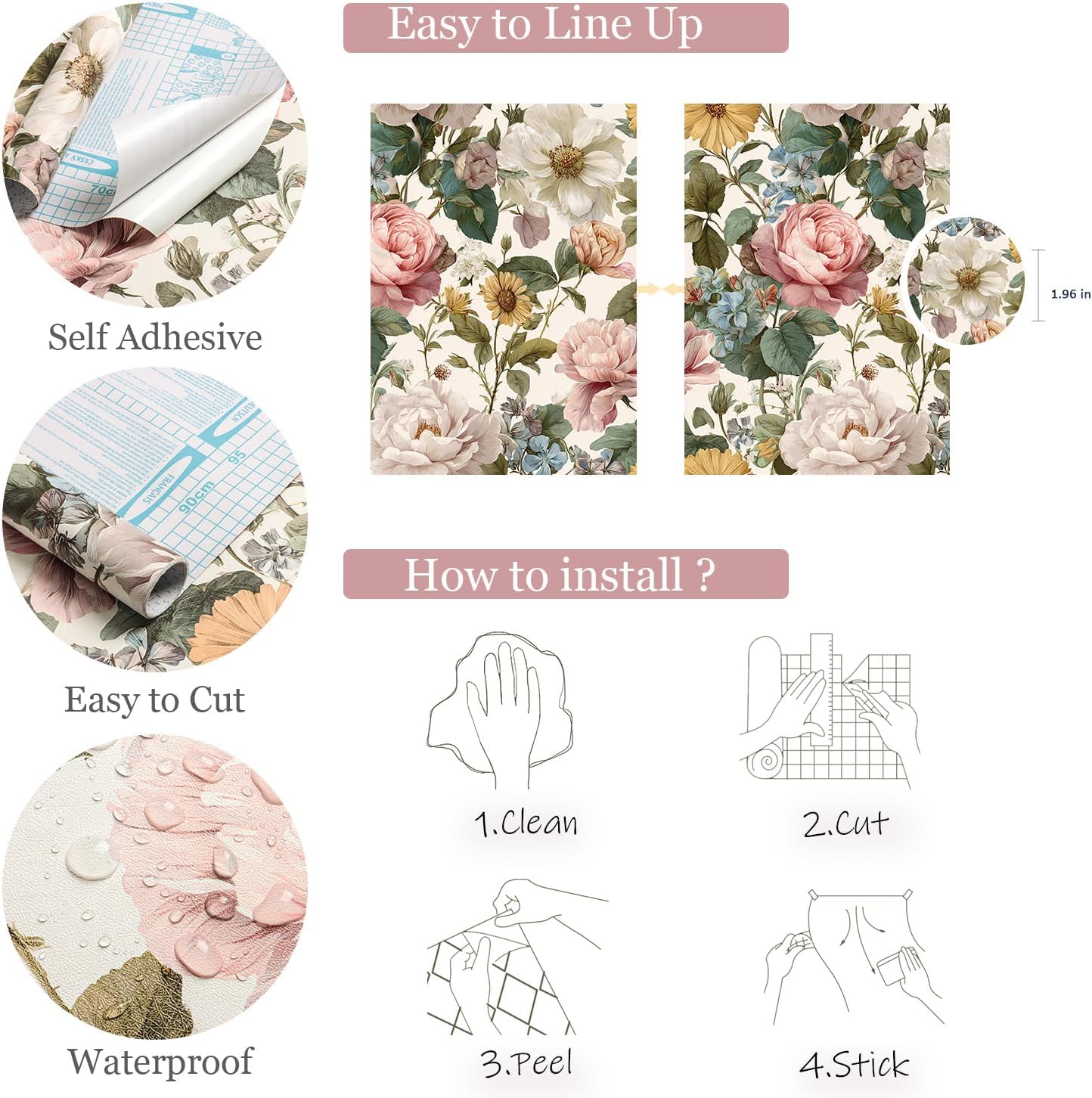 Orainege Pink Floral Peel and Stick Wallpaper Removable Self Adhesive Wallpaper 16.9inx118.1in Modern Wall Paper for Bedroom Bathroom Green Leaf Contact Paper for Cabinets