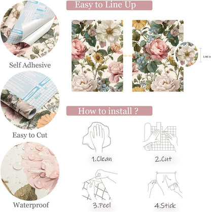 Orainege Pink Floral Peel and Stick Wallpaper Removable Self Adhesive Wallpaper 16.9inx118.1in Modern Wall Paper for Bedroom Bathroom Green Leaf Contact Paper for Cabinets