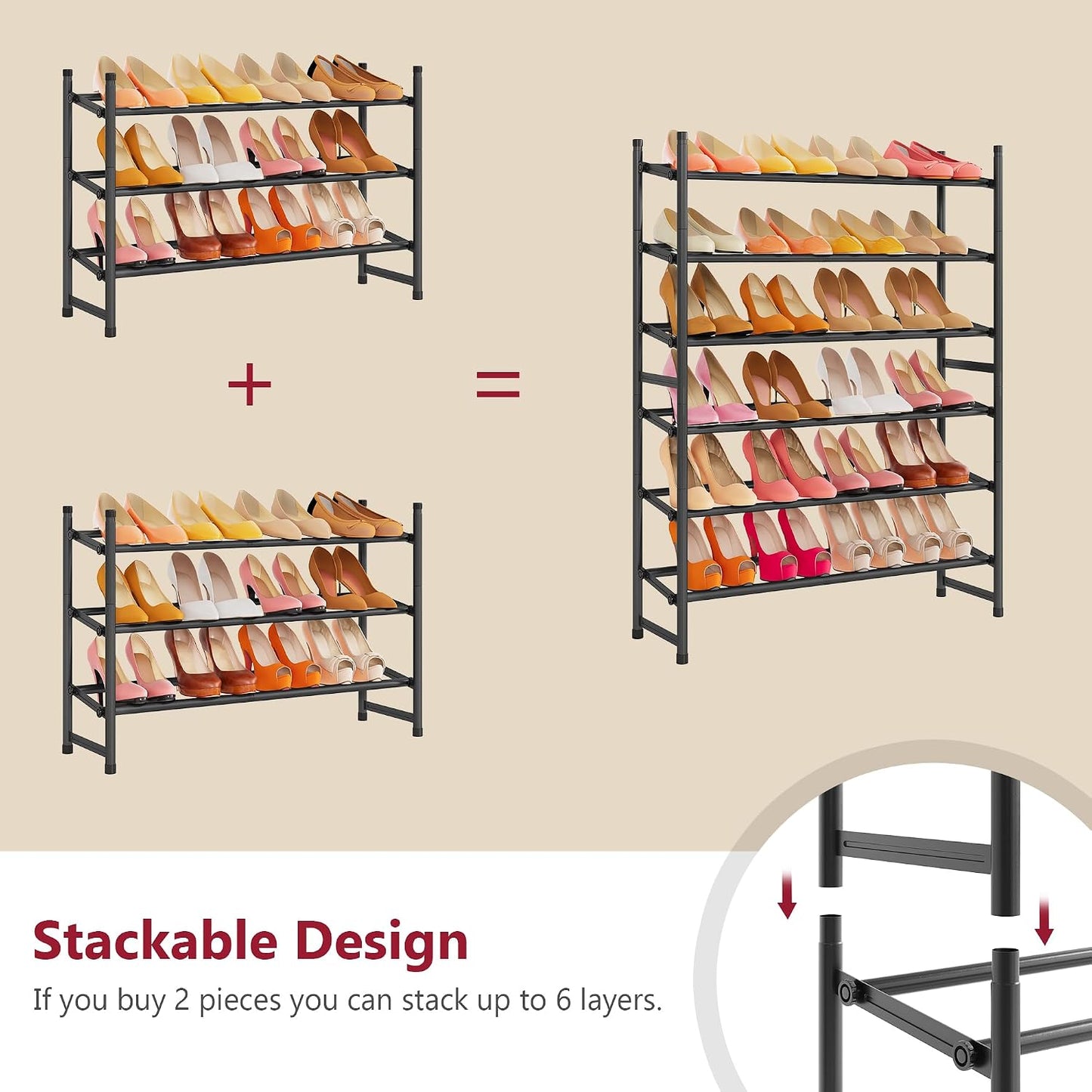 Tajsoon Expandable Shoe Rack for Closet 3 Tier, 28“-41“Adjustable & Stackable Shoe Shelf Storage, Metal Shoe Rack Organizer for Front Door Entrance, Closet, Garage, Entryway, Black
