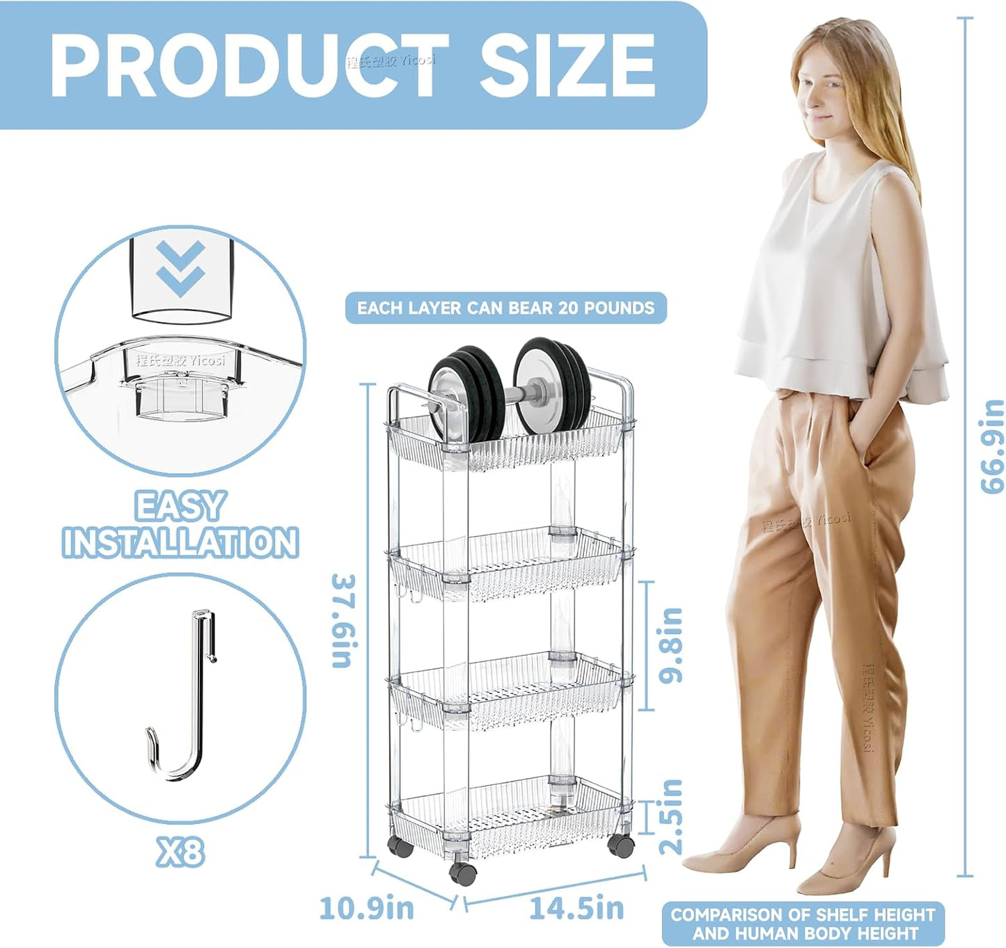 Yieach 3 Tier Rolling Cart with Wheels,Clear Narrow Bathroom Rack Organizer,Slim Storage Cart,Three Tier Thin Shelf and Narrow Rolling Utility Cart for Small Space Shelf,Dorm Room,Kitchen,Laundry