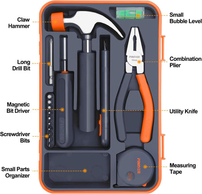 Finder Small Tool Kit 19 Piece General Household Tool Set, Mini Tool Kit Basic Hand Tools Kit with Plastic Toolbox Storage Case for Home Repair (Orange)