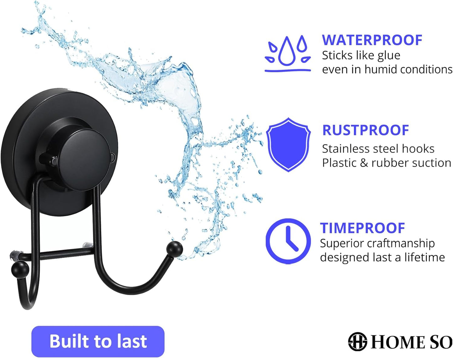 HOME SO Suction Cup Hooks for Shower & Bathroom Towel Holder 1-Pack – Suction Cups Hooks for Hanging Towels, Robes, & Coats - Tiles, Glass Door or Mirror – Shower and Towel Hooks - Chrome, Stainless