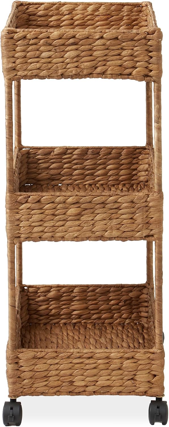 Casafield 3-Tier Rolling Storage Cart - Natural, Water Hyacinth Nursery Caddy, Utility Cart for Bathroom, Craft Room, Laundry Room Organization