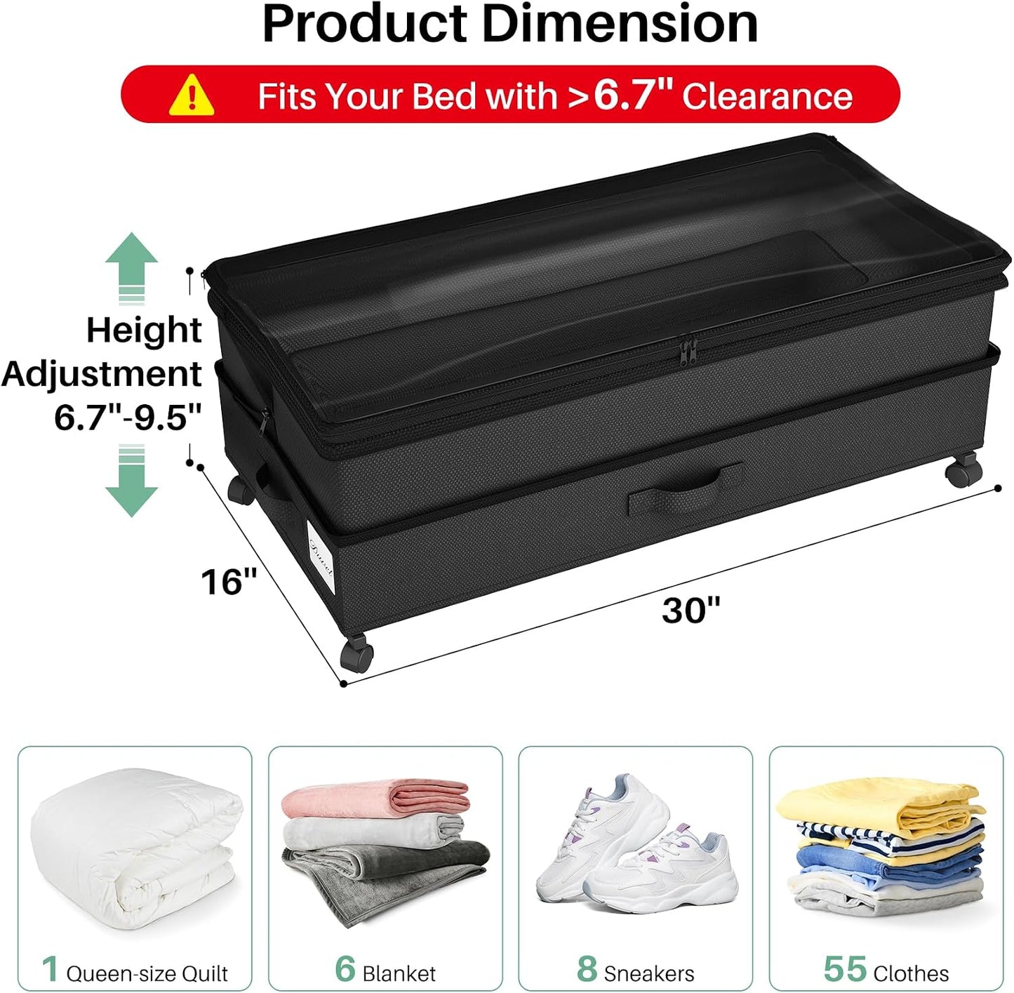 Kitstorack Under Bed Storage with Wheels 2Pack Height-adjustable Under Bed Storage Containers,Under Bed Shoe Storage Organizer with Clear Window&Label, Suitable for Clothes Storage, Gray