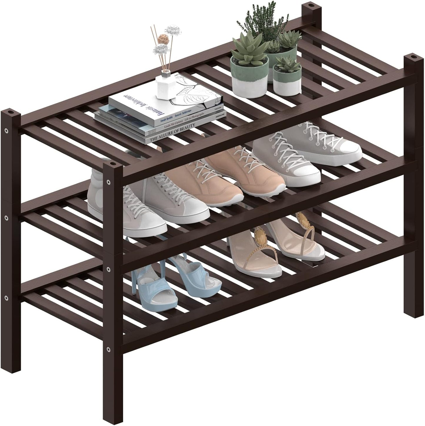 ROMGUAR CRAFT 3 Tier Bamboo Shoe Rack for Closet Free Standing Wood Shoe Shelf Storage Organizer for Entryway Small Space Stackable 27"x11"x20" (Natural)