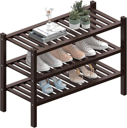 ROMGUAR CRAFT 3 Tier Bamboo Shoe Rack for Closet Free Standing Wood Shoe Shelf Storage Organizer for Entryway Small Space Stackable 27"x11"x20" (Natural)