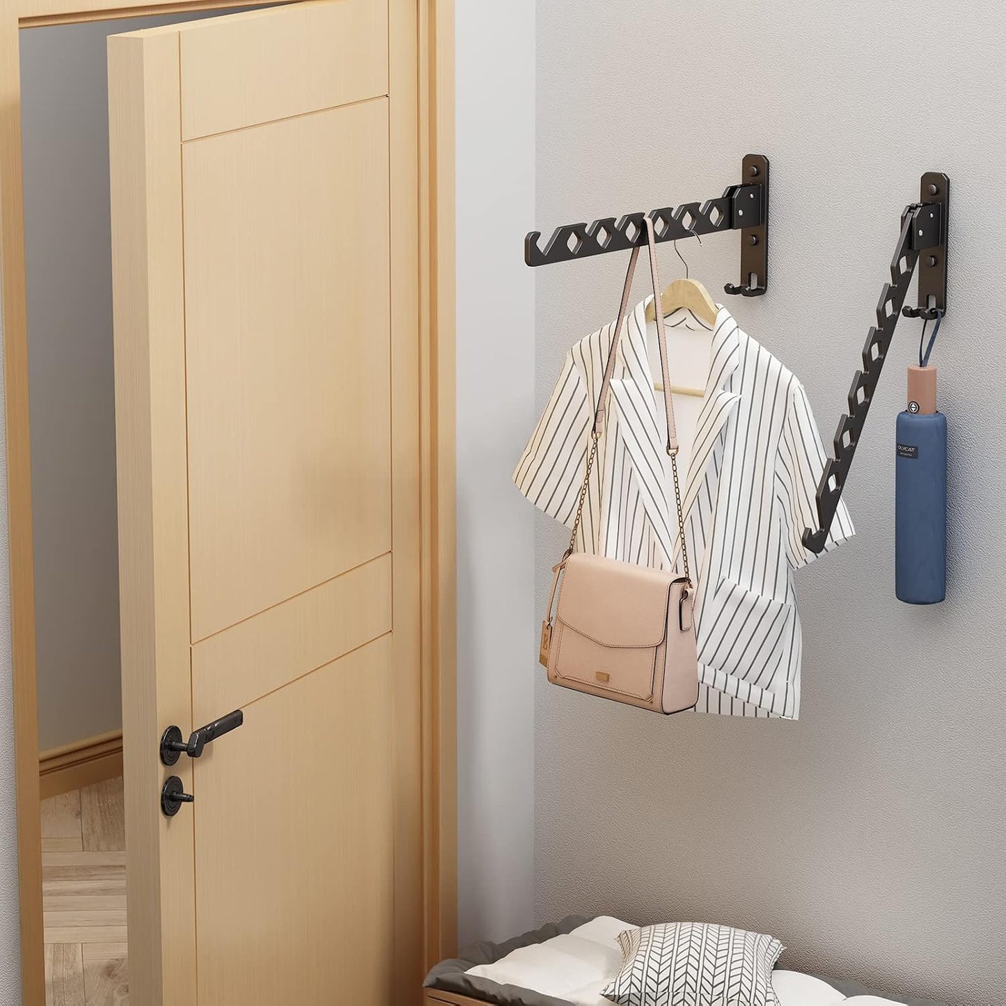 Wall Mounted Clothes Drying Rack, Wall Clothes Hanger Foldable, Laundry Hanger Hook for Bathroom, Wall Clothes Rack Indoor, Perfect for Small Spaces, White