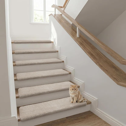 Bullnose Stair Treads Non Slip 9.5" x 32", 14 Pcs Ultra Plush Carpet Stair Treads for Wooden Steps Indoor with Edge Protection, Reusable Peel and Stick TPU Backing Stair Runner Rugs - Beige Gray