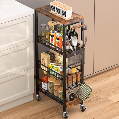DTUQYX Slim Rolling Storage Cart, 4 Tier Small Organizer Cart with Wheels, Metal Utility Shelf Kitchen Bathroom Laundry Room Organization Trolley with Handle for Narrow Space (9.1" W Metal Basket)