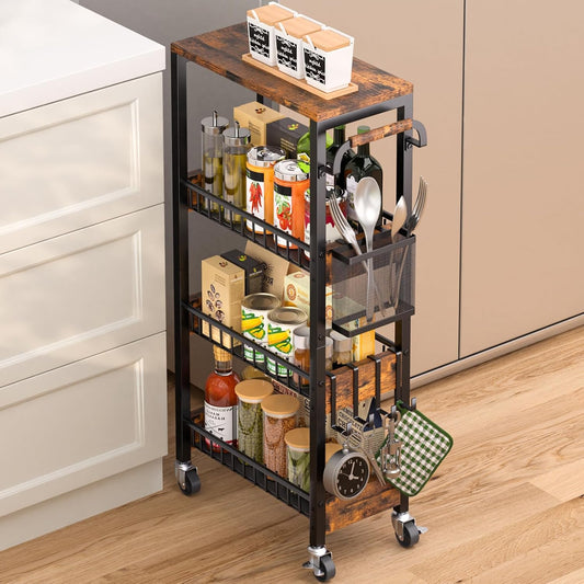 DTUQYX Slim Rolling Storage Cart, 4 Tier Small Organizer Cart with Wheels, Metal Utility Shelf Kitchen Bathroom Laundry Room Organization Trolley with Handle for Narrow Space (9.1" W Metal Basket)
