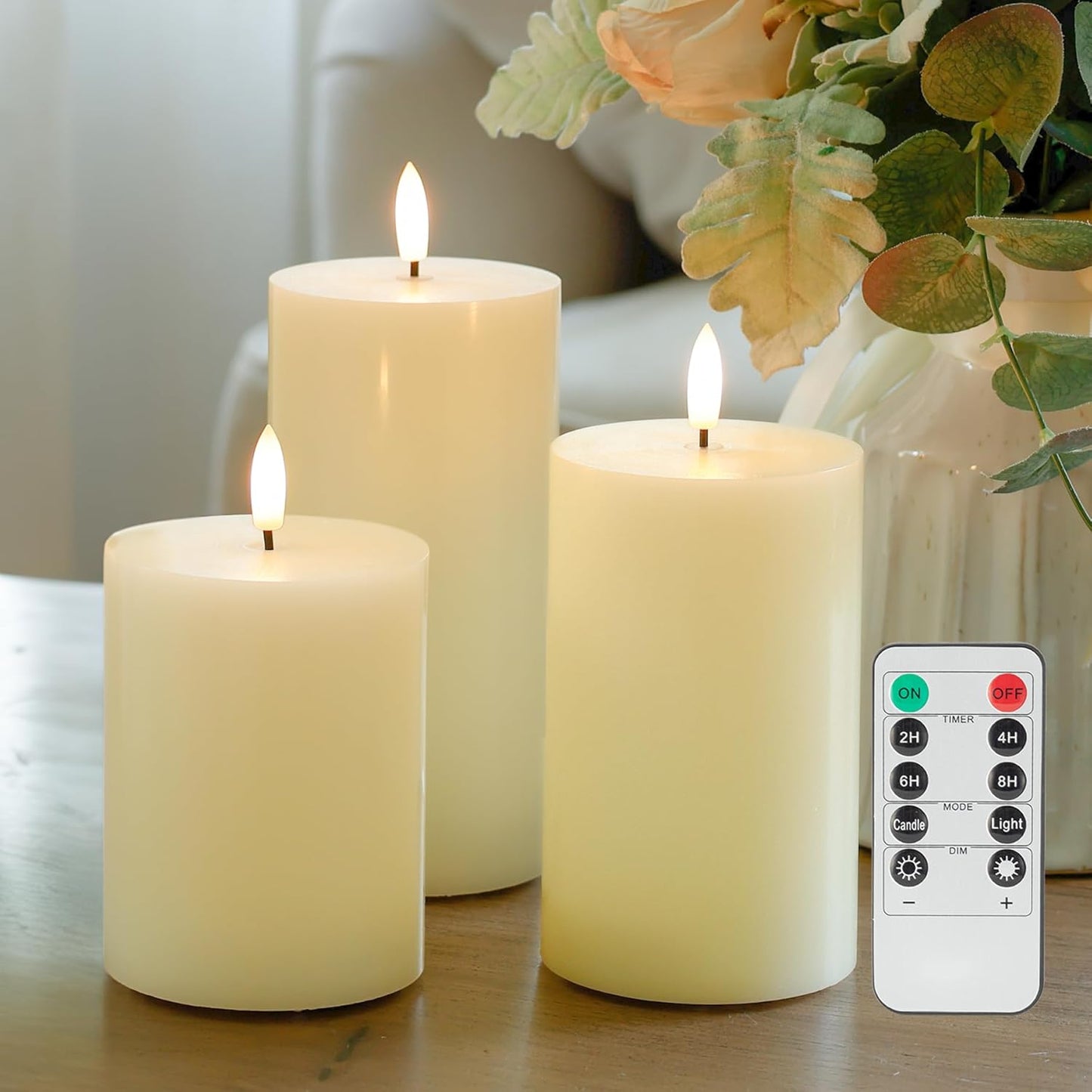 JOIONE Flameless Pillar Candles with Remote, 3 Pack Battery Operated Real Wax LED Candles, LED Candle that Perfect for Home Decorations Fireplace Table, White