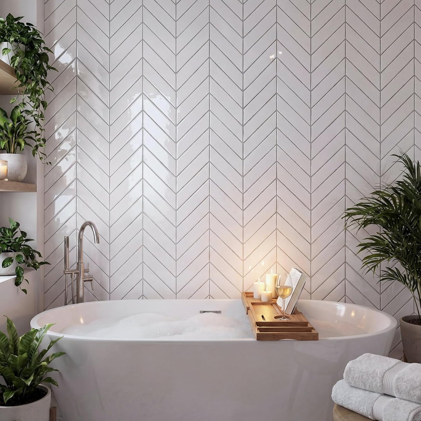 Nuanchu 10 Sheets White Herringbone Peel and Stick Backsplash 11.4 x 9 Inch 3D Stick on Wall Tiles, Self Adhesive, Waterproof & Easy to Clean for Kitchen Bathroom Rental Wall Tile
