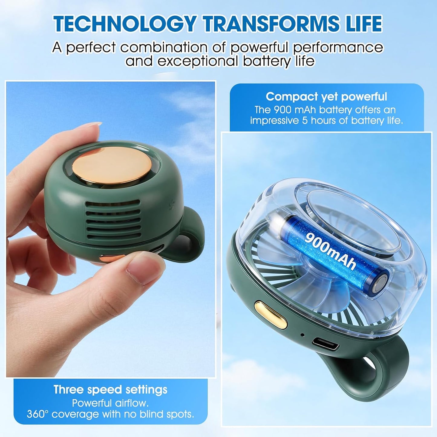 Timeno Portable Clip-On Bladeless Fan, Mini USB Rechargeable 360° Rotatable Fan, 3-Speed Silent Personal Cooling Fan for Outdoor Travel Office (White)