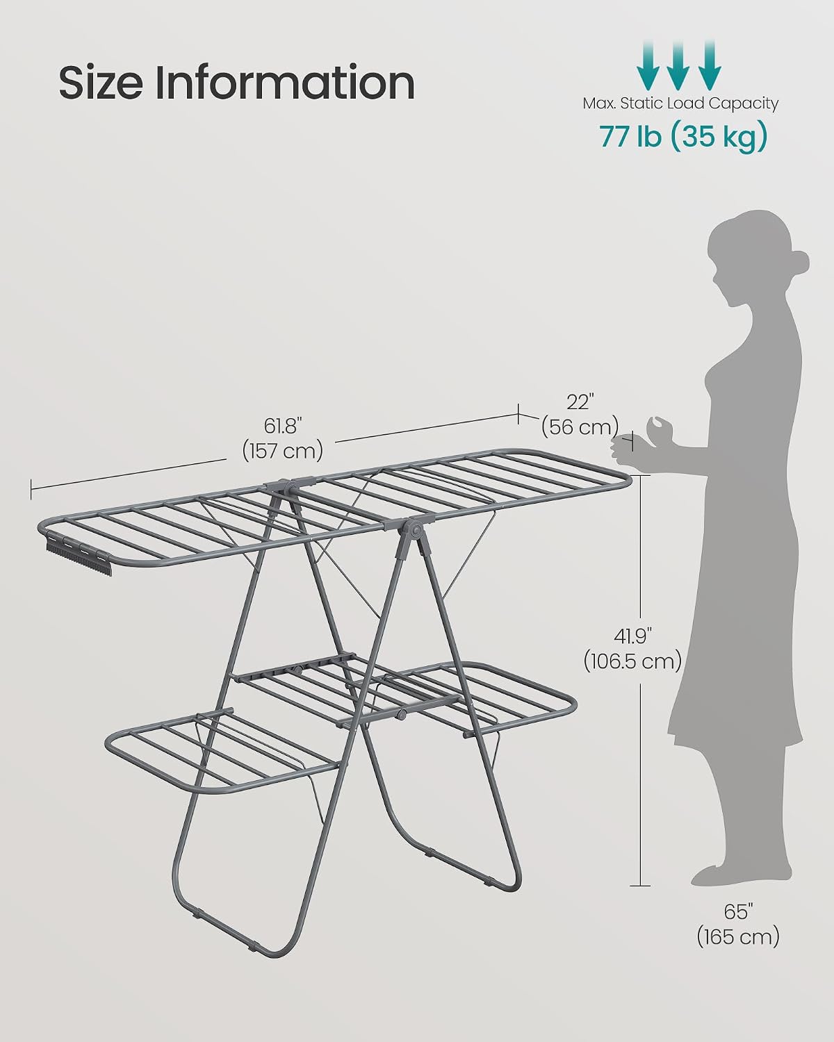 SONGMICS Clothes Drying Rack, Foldable 2-Level Laundry Drying Rack, Free-Standing Laundry Airer, with Height-Adjustable Wings, 33 Drying Rails, Sock Clips, Silver and Blue ULLR53BUV1