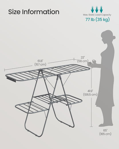 SONGMICS Clothes Drying Rack, Foldable 2-Level Laundry Drying Rack, Free-Standing Laundry Airer, with Height-Adjustable Wings, 33 Drying Rails, Sock Clips, Silver and Blue ULLR53BUV1