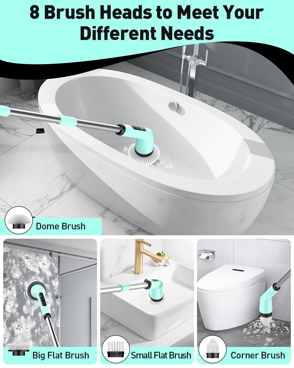Shower Scrubber with Long Handle, Shower Cleaner Brush with 8 Floor Machine Pads, Cordless Electric Spin Scrubber for Cleaning with 2 Speed, Cleaning Supplies for Bathroom Bathtub Kitchen Floor Tile