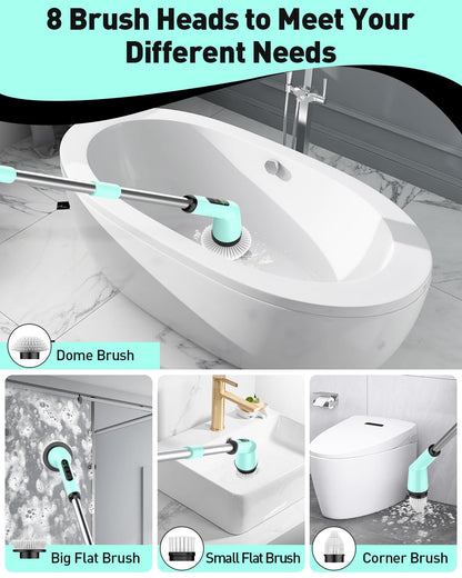 Shower Scrubber with Long Handle, Shower Cleaner Brush with 8 Floor Machine Pads, Cordless Electric Spin Scrubber for Cleaning with 2 Speed, Cleaning Supplies for Bathroom Bathtub Kitchen Floor Tile