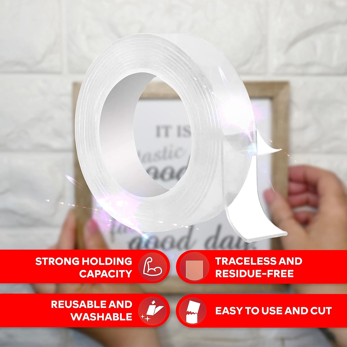 XFasten Reusable Double-Sided Nano Tape, 1.5-Inch x 20 Feet, Clear, Movable and Washable Double-Sided Gel Mat Grip Adhesive Putty Brick Tape | Bathroom, Kitchen Silicone Grip Nano Mounting Tape