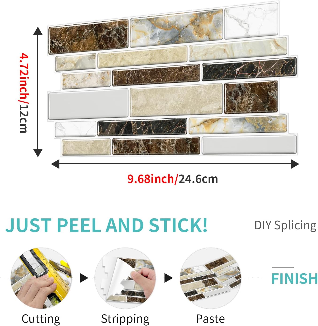 36 Sheets of Self Adhesive Marble Tile Wall Tiles Vinyl Sticker | 9.68 x 4.72in Water Resistant, Easy to Stick and Peel off, Suitable for DIY Decoration on Ceilings and Walls (Black)