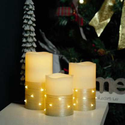H-BLOSSOM Flickering Flameless Candles Ivory Real Wax Pillar with Embedded String Lights LED Candles Battery Operated with 10 Key Remote and Cycling 5H Timer Set of 3 (3" x 4"/5"/6") (Silver)