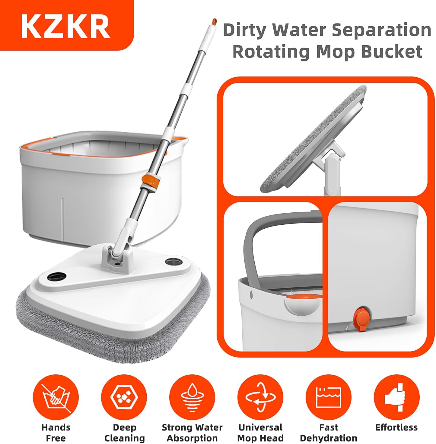 Spin Mop and Bucket Set with 2 Replaceable Microfiber Mop Pads with Self Separation Dirty and Clean Water System, Self Wringing 360° Rotating Square Mop Head for Hardwood Tile Marble Floors
