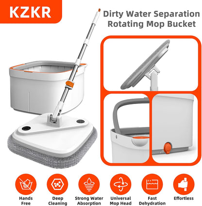 Spin Mop and Bucket Set with 2 Replaceable Microfiber Mop Pads with Self Separation Dirty and Clean Water System, Self Wringing 360° Rotating Square Mop Head for Hardwood Tile Marble Floors