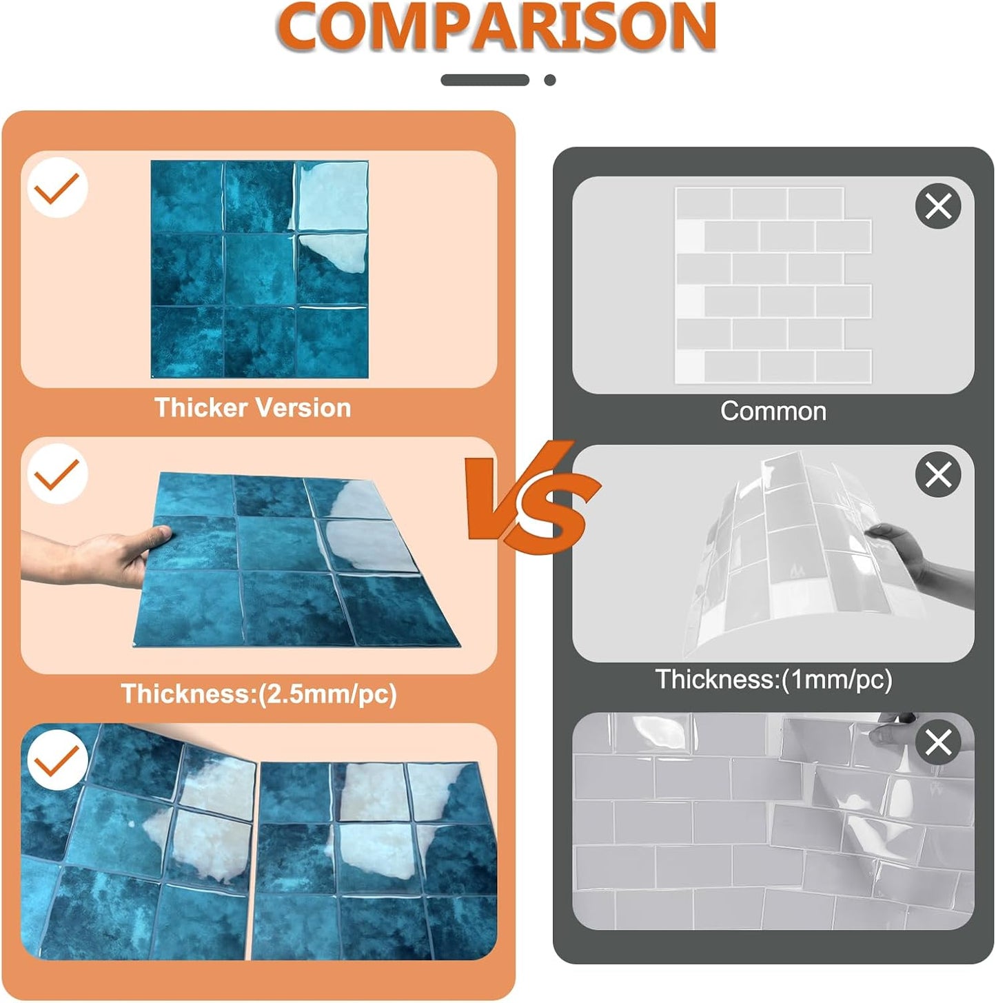 10 Sheet Thicker Peel and Stick Backsplash Tile, 12"x12" 3D Self Adhesive Square Mosaic Subway Checkered Vinyl Backsplash Stick on Wall Tiles for Bathroom, Kitchen, Living Room (10, Orange)