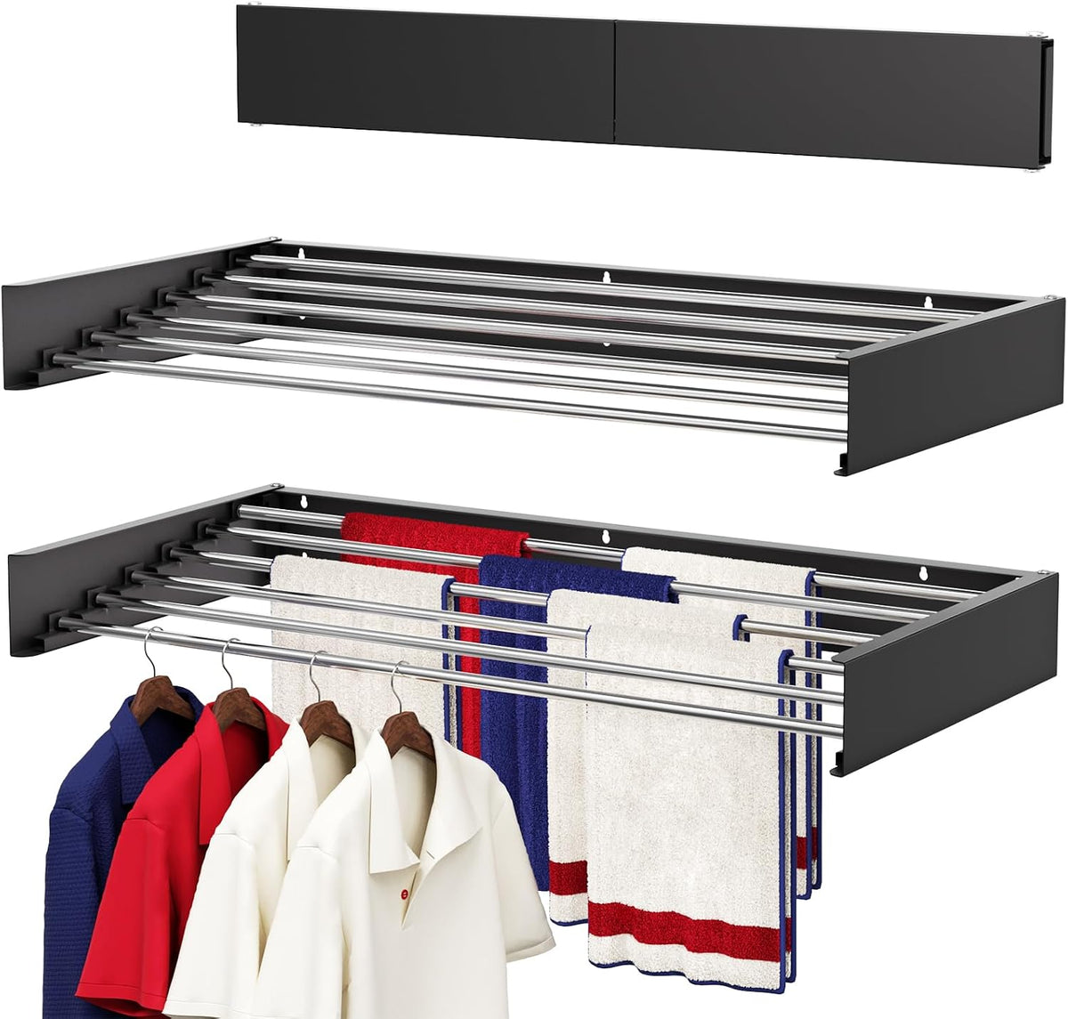 Wall Mounted Drying Rack 31.5", Foldable Laundry Drying Rack with Stainless Steel Rods, Retractable Laundry Space Saver for Indoor & Outdoor Use, Include Wall Template