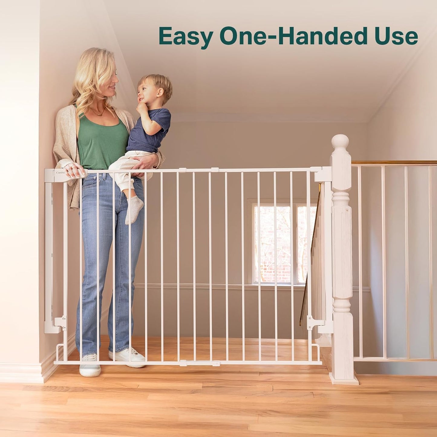 Cumbor 29.2–43" Baby Gate for Stairs, Hardware Mounted (Drill Required), Expandable No Bottom Bar Dog Gate, Auto Close Extra Wide Walk Thru, Pet & Toddler Proof Gate, Top & Bottom of Stairways (White)