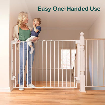 Cumbor 29.2–43" Baby Gate for Stairs, Hardware Mounted (Drill Required), Expandable No Bottom Bar Dog Gate, Auto Close Extra Wide Walk Thru, Pet & Toddler Proof Gate, Top & Bottom of Stairways (White)