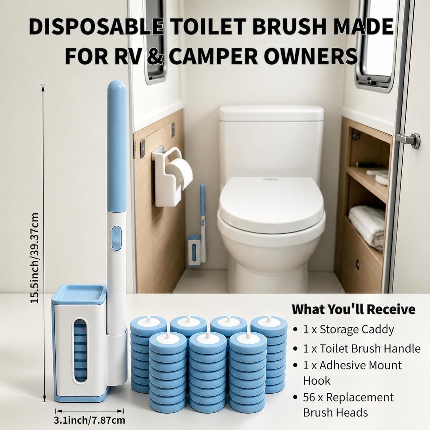 RV Toilet Brush, RV Accessories, Wall Mount Toilet Brush, 64 Toilet Refills | Hands Free Toilet Brush, One-Button Release, RV Toilet Brush and Holder Set, Compact Design, Camper Bathroom Accessories
