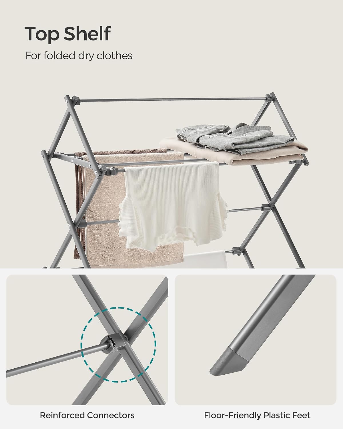 SONGMICS Foldable Clothes Drying Rack, Laundry Drying Rack, Clothes Airer, Steel Frame, 14.6 x 29.5 x 53.2 Inches, Easy Assembly, Indoor Outdoor Use, White ULLR770W01