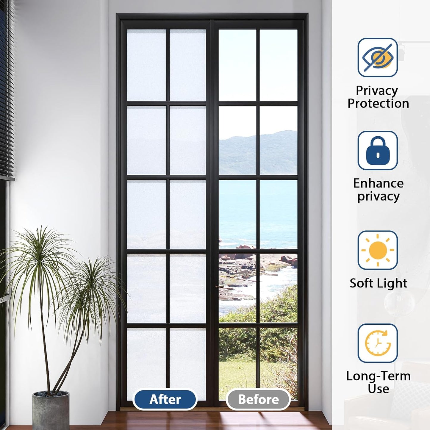 Timeet Window Privacy Film, Frosted Glass Window Clings, Static Cling Heat UV Blocking Anti-Glare Frosting Stickers, Decorative Bathroom Door Coverings Day and Night, 17.5 x 78.7 Inch, Pure