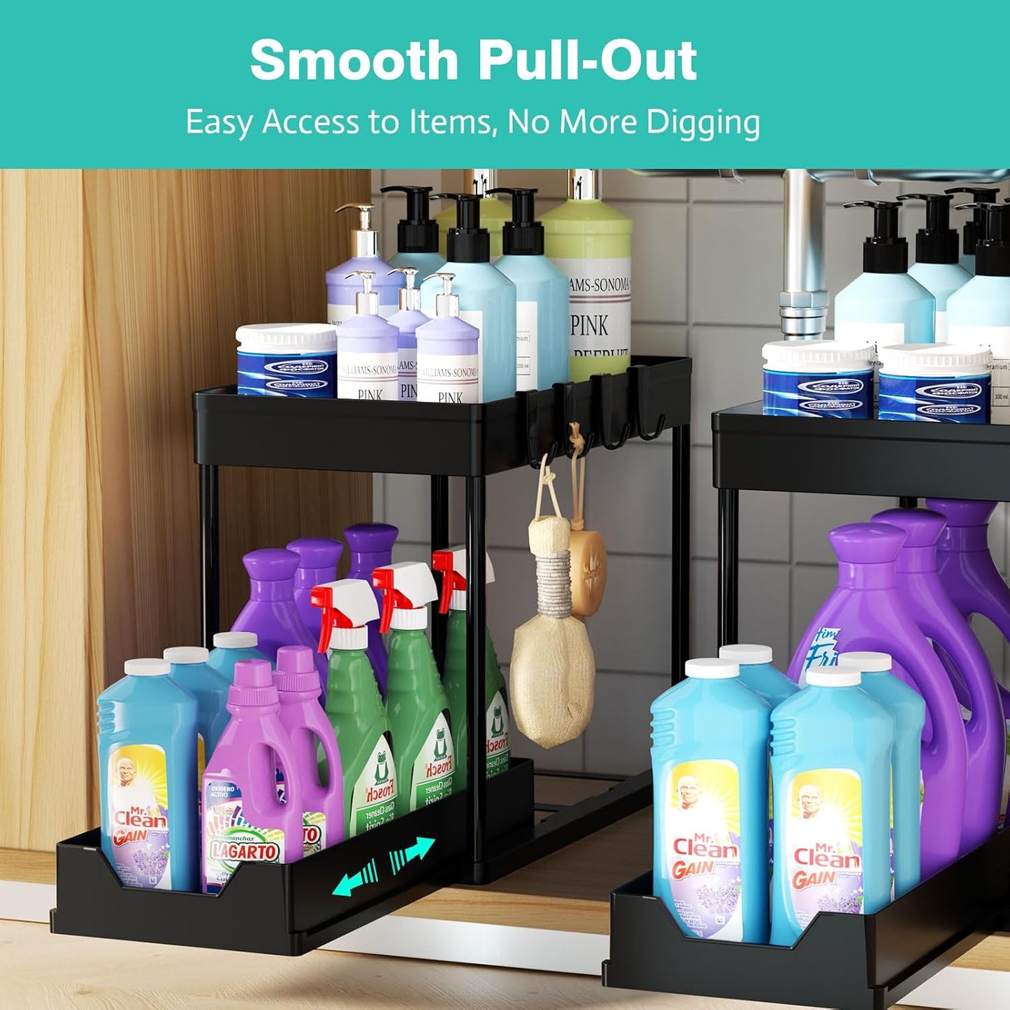Under Sink Organizers and Storage 2 Pack, Pull-Out Sliding Cabinet Organizer with 2-Tier Storage Shelf & 4 Hooks, Multi-Purpose for Kitchen & Bathroom (13 Inch, White)