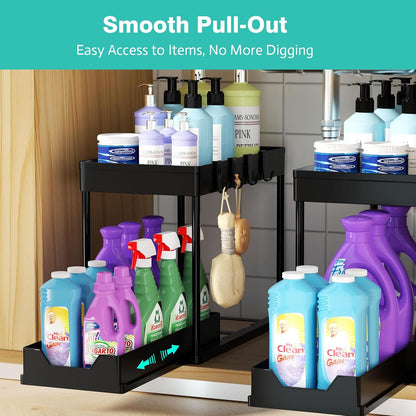 Under Sink Organizers and Storage 2 Pack, Pull-Out Sliding Cabinet Organizer with 2-Tier Storage Shelf & 4 Hooks, Multi-Purpose for Kitchen & Bathroom (13 Inch, White)