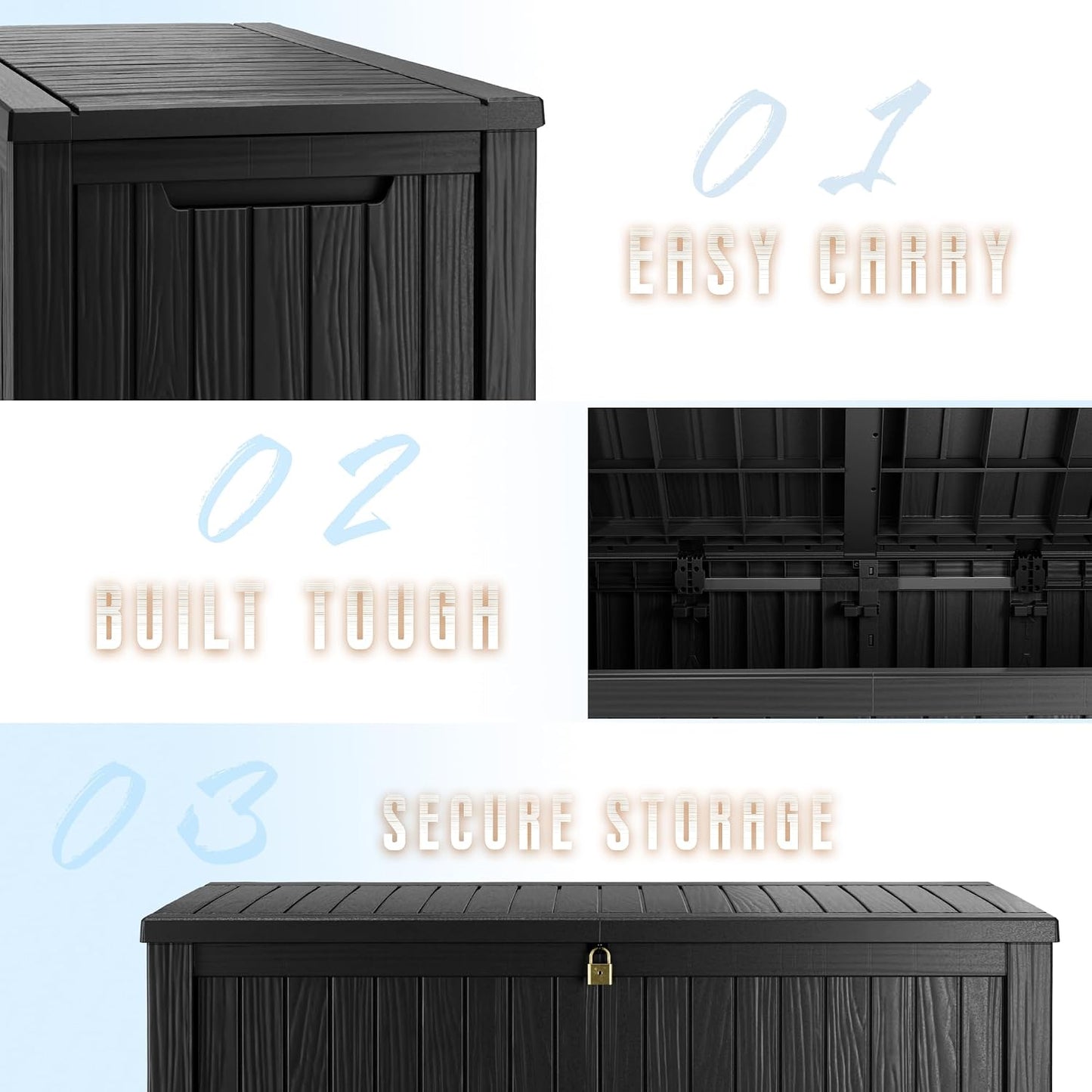 TARKARI 275 Gallon Resin Deck Box, Waterproof Outdoor Storage Box, Lockable for Patio Furniture, Garden Tools, Pool Accessories, UV-Resistant for All Weather Use, Black