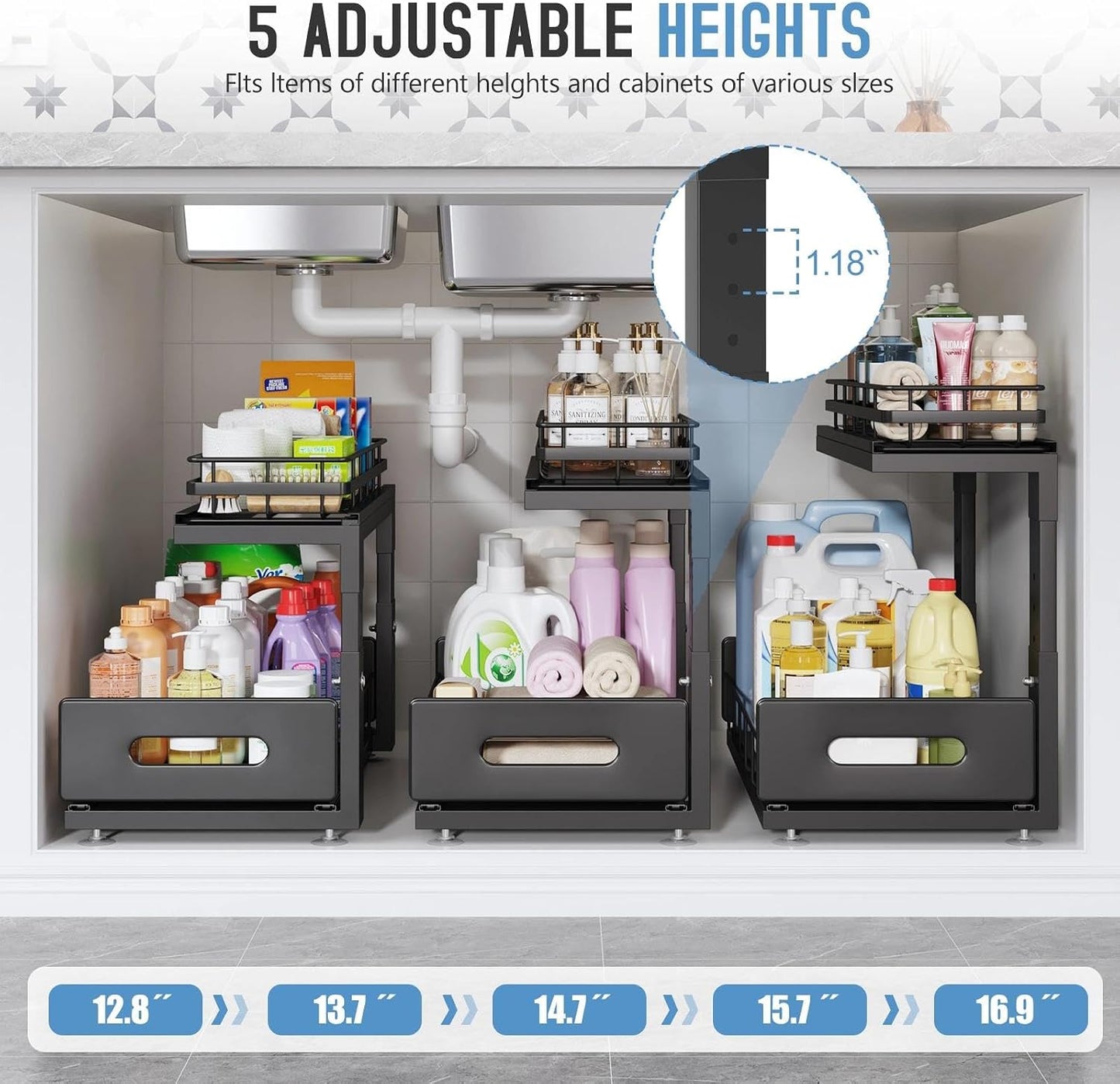 Under Sink Organizer Upgrade To Professional Rails,2-Tier Dual Pull Out Cabinet Storage,Height Adjustable Slide Out Drawers For Bathroom Kitchen,2 Pack-14.5" Dx12.8-16.9" H,White
