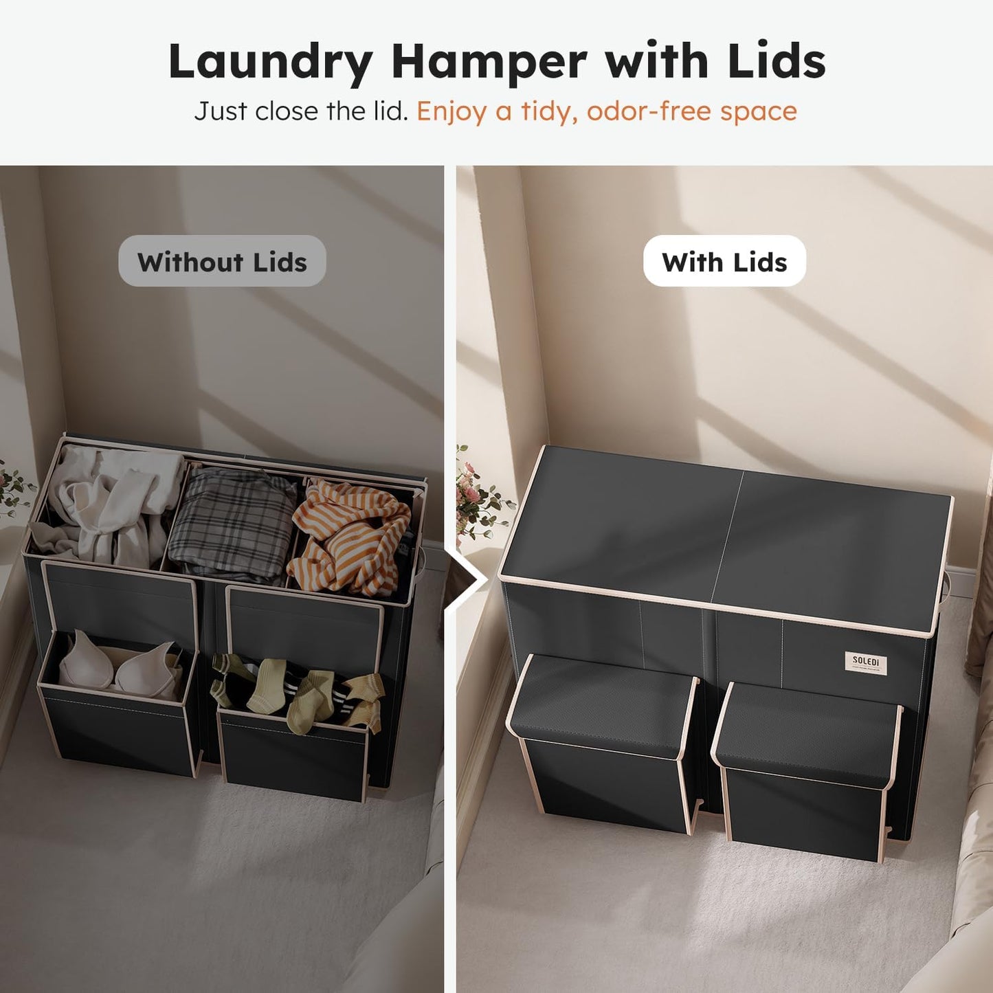 SOLEDI 220L Laundry Hamper 3 Section,Extra Large Laundry Basket with Lid and 2 Side Pockets, Dirty Clothes Hamper with Removable Bag Easy to Carry for Laundry Room, Bedroom, Bathroom, Black