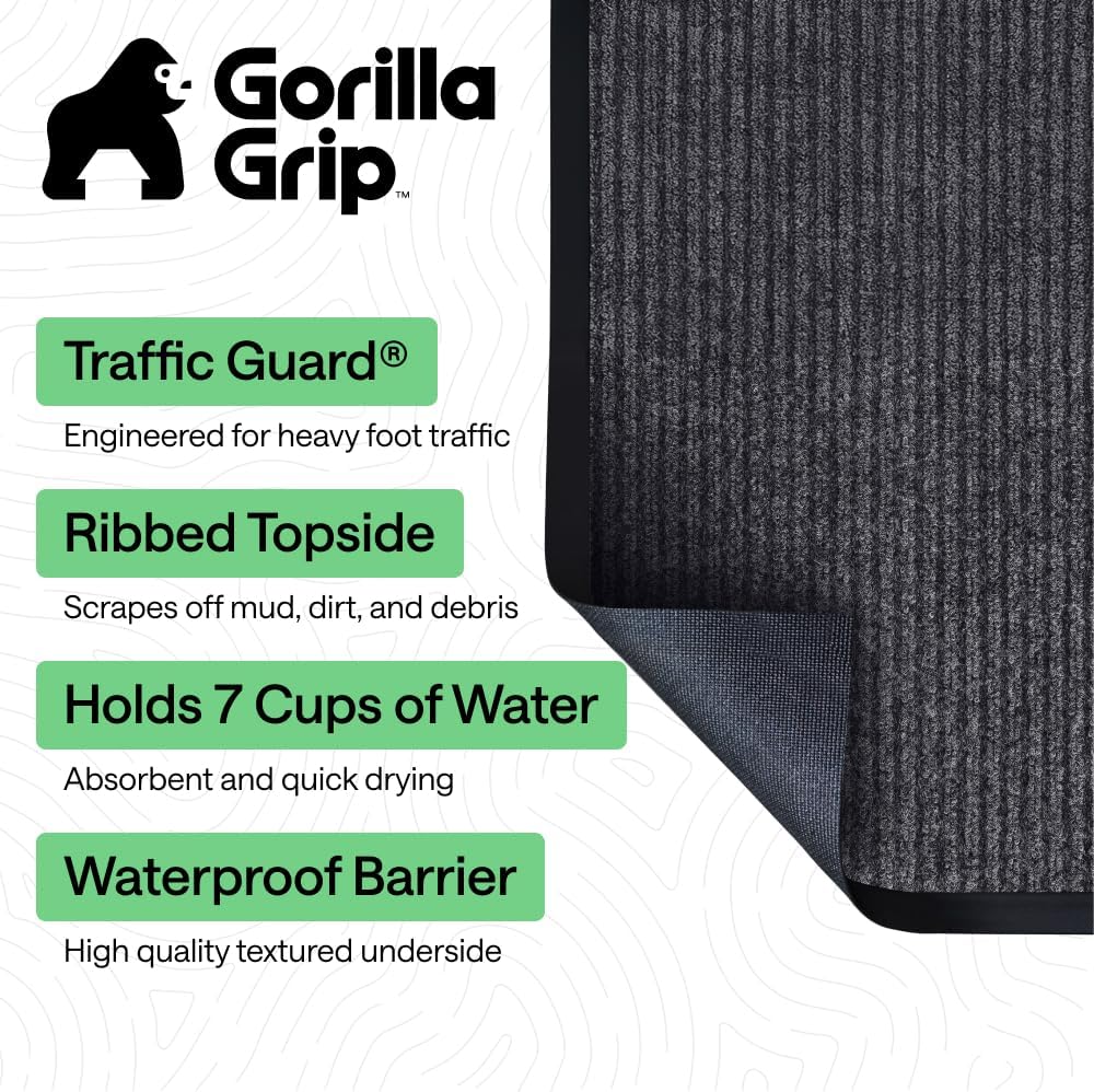 GORILLA GRIP Waterproof Traffic Guard Door Mat, Heavy Duty Entryway Mats, Strong Backing Commercial Utility Rugs for Office Hallway, Garage Floor and Home, Low Profile Carpet Runner, 29x17, Black