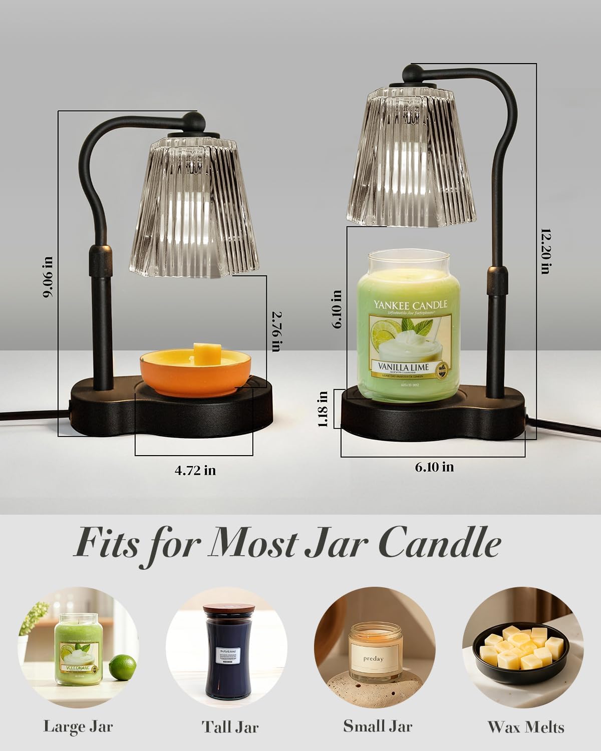 Candle Warmer Lamp with Timer & Dimmable Settings, Adjustable Height Flameless Scented Wax Melter for Jar Candles, Elegant Home Decor Warmer Lamp with 2 Bulbs, Gift for Women Mom Friend Family, Black