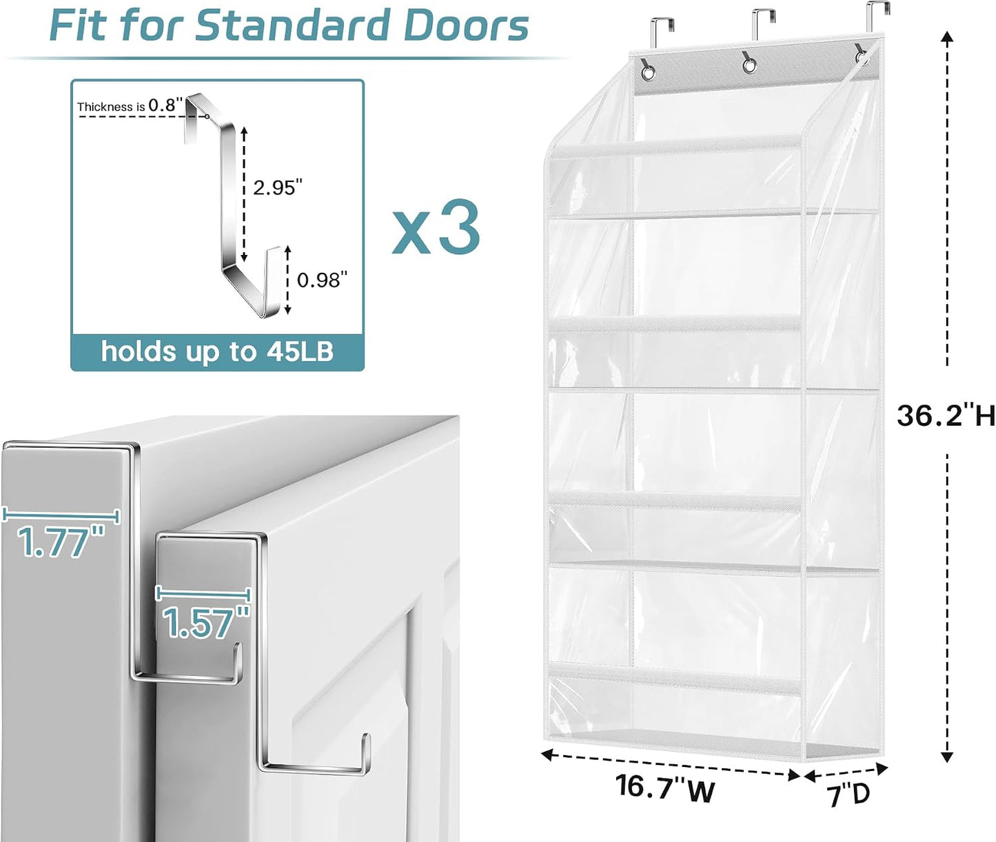 AOODA Clear Over the Door Hat Racks for Baseball Caps, Large Holds up to 72 Caps Hat Storage Organizer for Closet Wall, Deep Pockets Hanging Snapback Holder Shelves with 3 Hooks, White