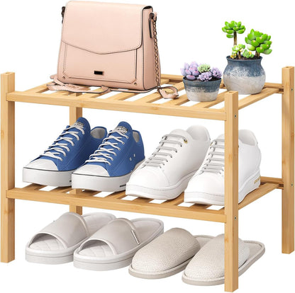 viewcare 3-Tier Black Bamboo Shoe Rack for Entryway, Stackable | Foldable | Natural, Shoe Shelf Storage Organizer for Hallway Closet, Free Standing Shoe Racks for Indoor Outdoor