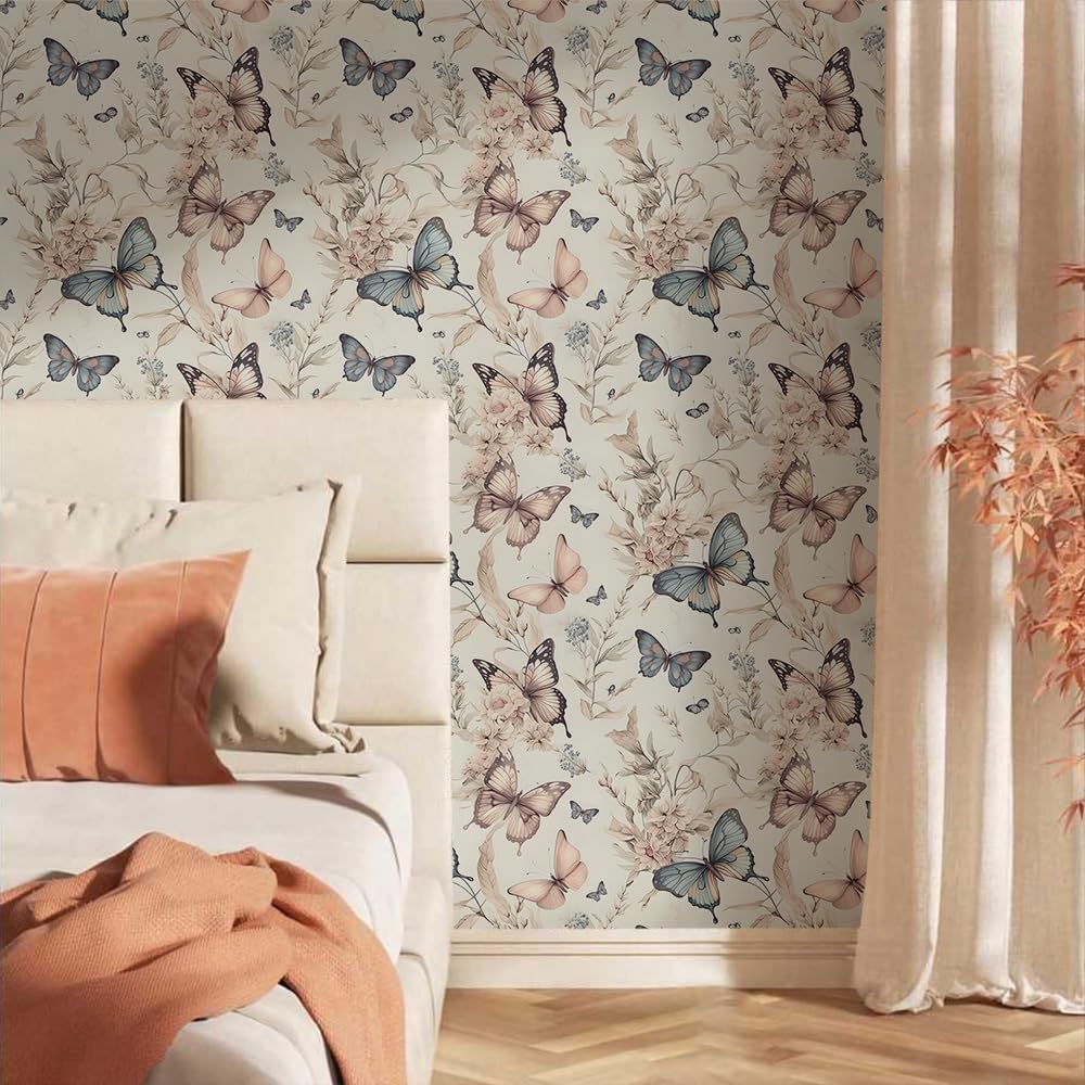 MuralPeel White/Pink/Gold Floral Garden Black Blue Flowers Vintage Peel and Stick Wallpaper Self Adhesive Removable Easy Peel Off Contact Paper Stick on Wall Paper for Bedroom Cabinet Renter Friendly