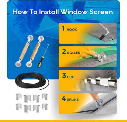 King&Charles Window Screen Door Repair/Replacement Kit, Include Black Screen Mesh 48"x118"+ 2 Roller+50Ft Spline+8Clips+Hook, 6 in 1 Window Mesh Kit, Steel/Nylon Bearing Roller