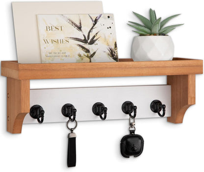 Key and Mail Holder Wall Mount, Key Holder with Shelf and Mail Organizer Wall Mount. Mail Holder with 5 Hooks for Coat, Dog Leash, Home Decor Rack, Entry Way Organizer (White)