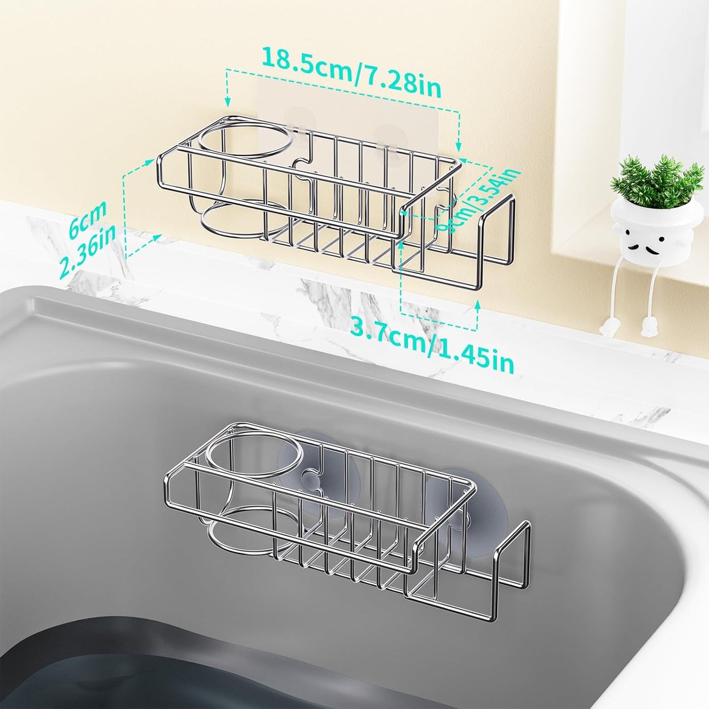 HapiRm 4 in 1 Sink Caddy Sponge Holder, SUS304 Stainless Steel Kitchen Brush Holder and Dish Cloth Hanger, Kitchen Organizers and Storage Essentials - Silver