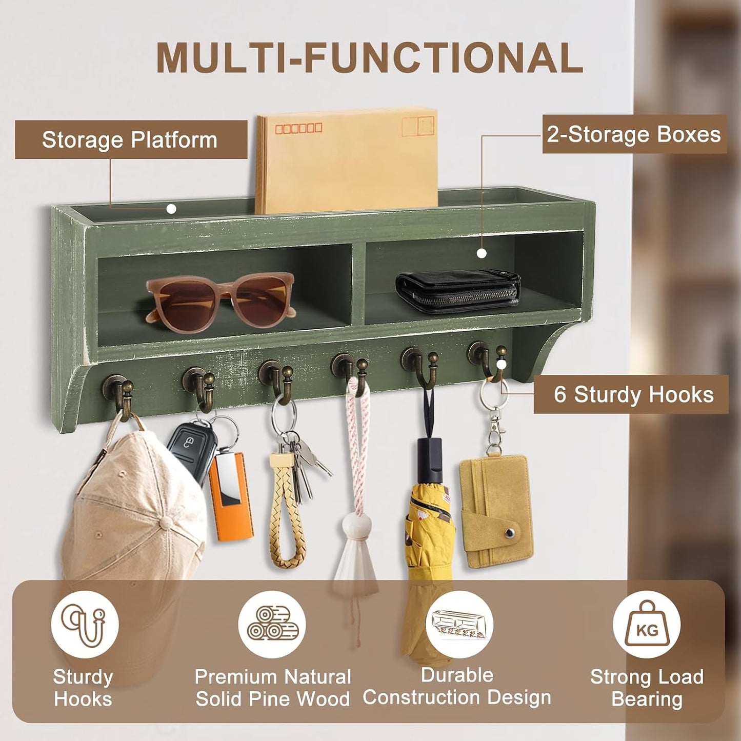 Key Holder Wall Mount - Mail Organizer Wall Mount with 6 Key Hooks and Storage Box for Sunglasses Storage and Dog Leash Holder Home Decor Rack Apartment Farmhouse Shelf Entryway Organizer (Black)